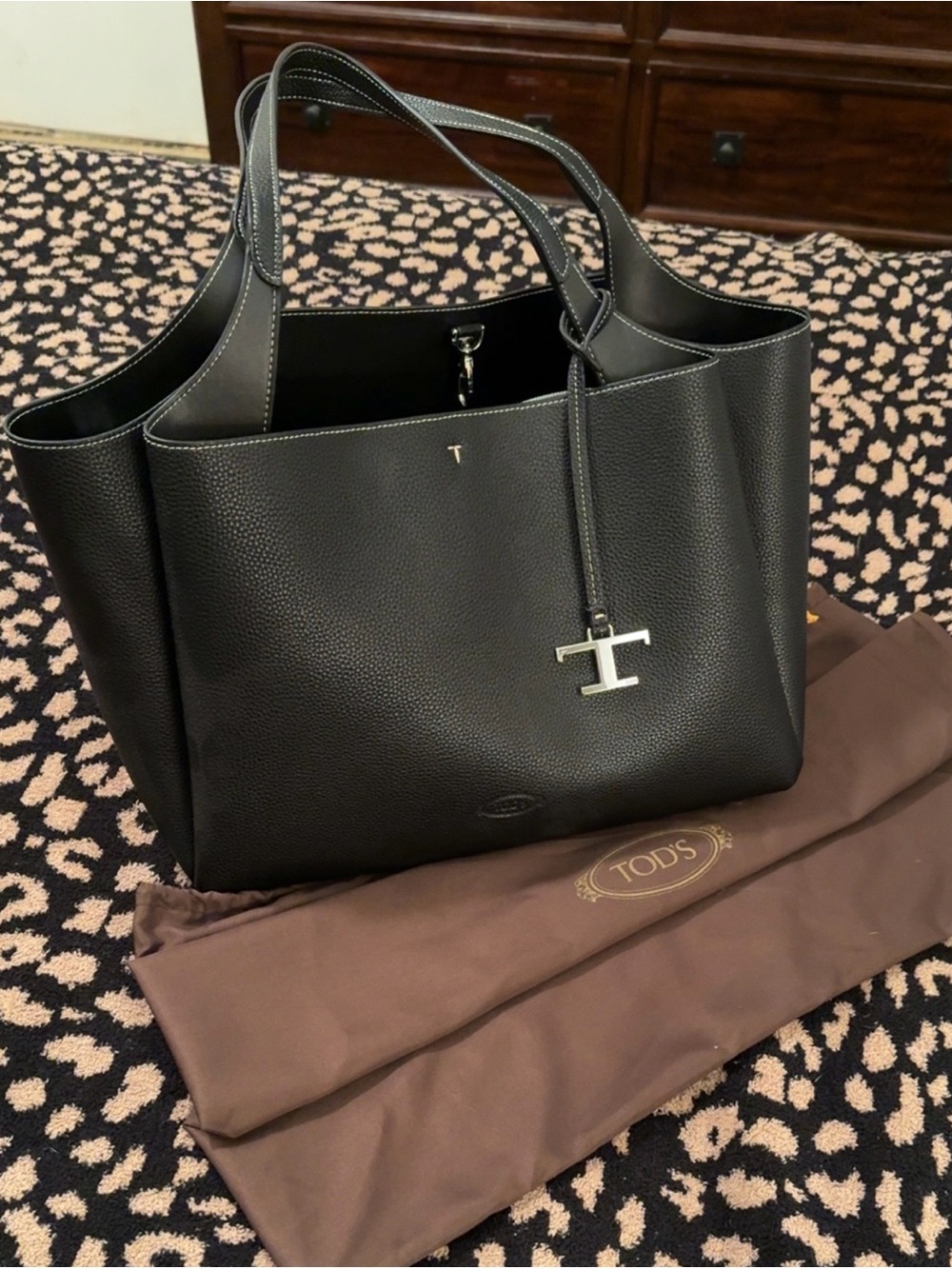 TOD'S Black Pebbled Leather Tote with Silver T Charm